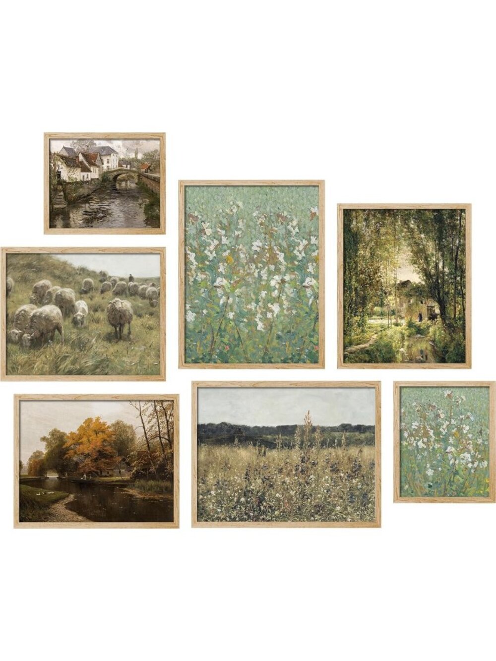 Framed Wall Art Set of 7 - Autumn Forest River Nature Prints for Living Room